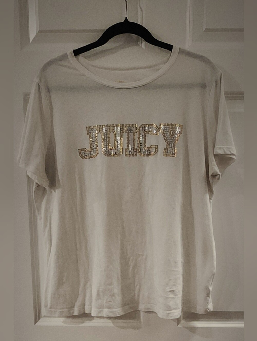 Juicy Couture White Tee with Gold Sequin Logo, Size 1X!